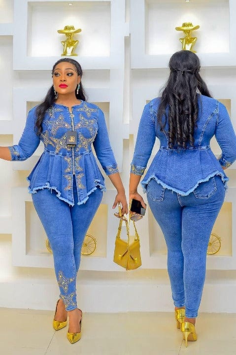 Cap Point New Fashion Jeans Solid Rivet Denim Top and Pants