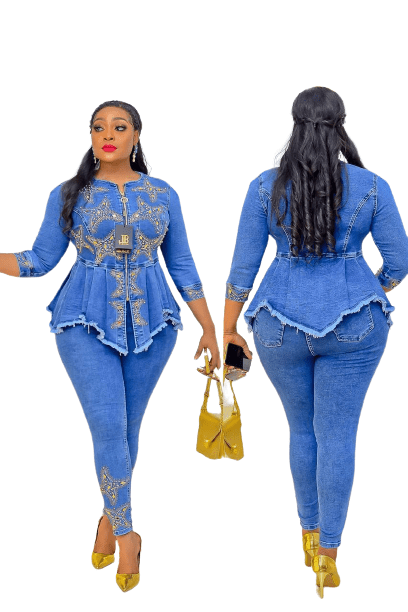 Cap Point New Fashion Jeans Solid Rivet Denim Top and Pants