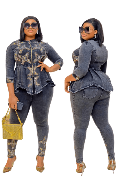 Cap Point New Fashion Jeans Solid Rivet Denim Top and Pants
