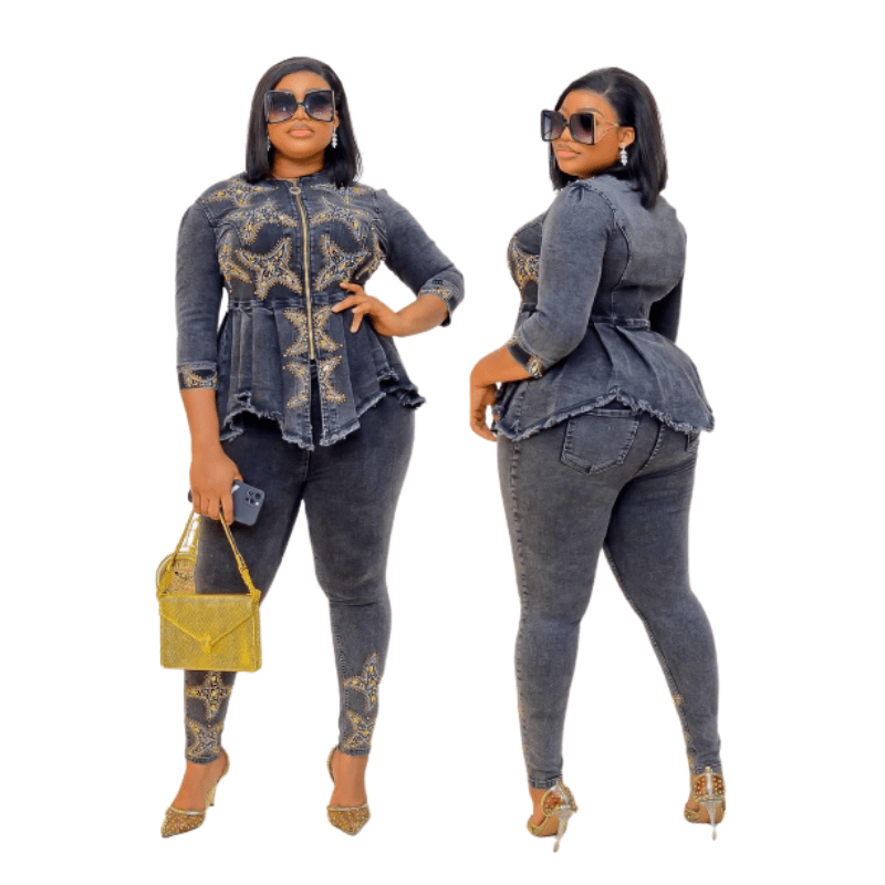 Cap Point New Fashion Jeans Solid Rivet Denim Top and Pants