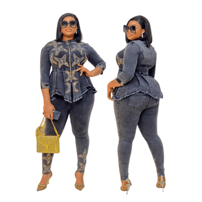Cap Point New Fashion Jeans Solid Rivet Denim Top and Pants