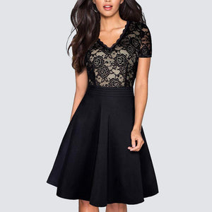 Cap Point New Vintage Stylish Floral Lace Patchwork Black Party Dress