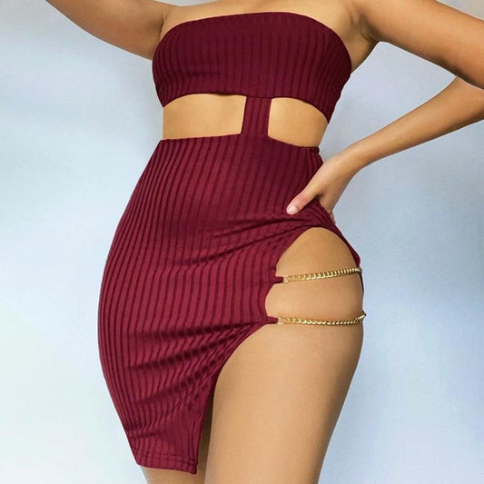 Cap Point Newest Tube Top Hollow Out Split Ribbed Chain Sexy Dress