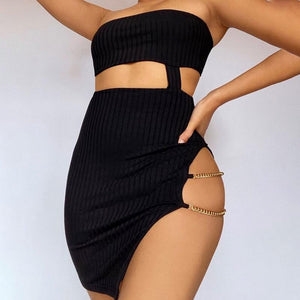 Cap Point Newest Tube Top Hollow Out Split Ribbed Chain Sexy Dress