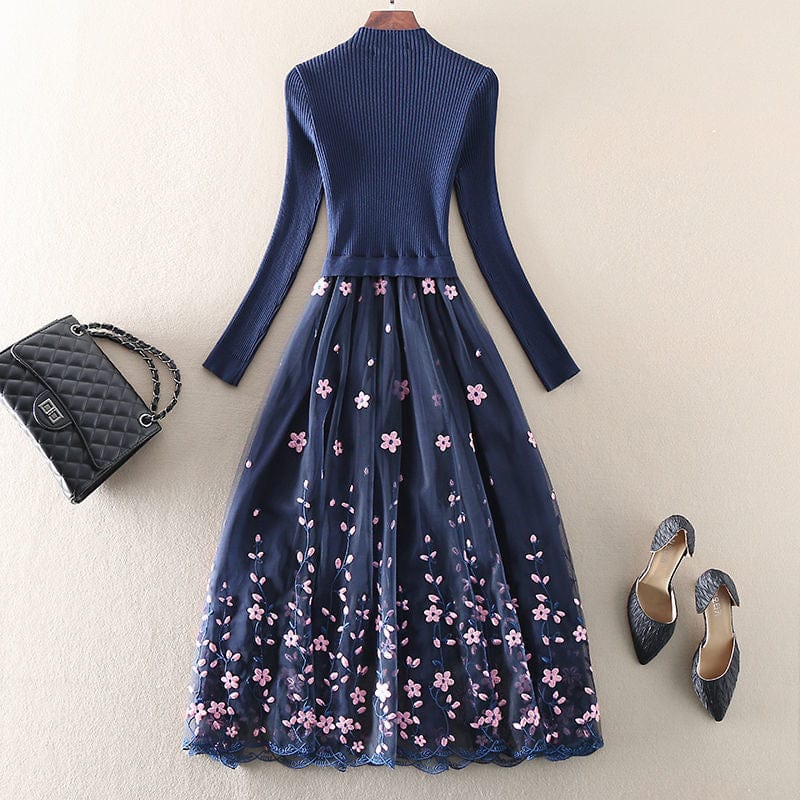 Cap Point Okeleye Fashion Embroidery Mesh Patchwork Knitted Sweater Dress
