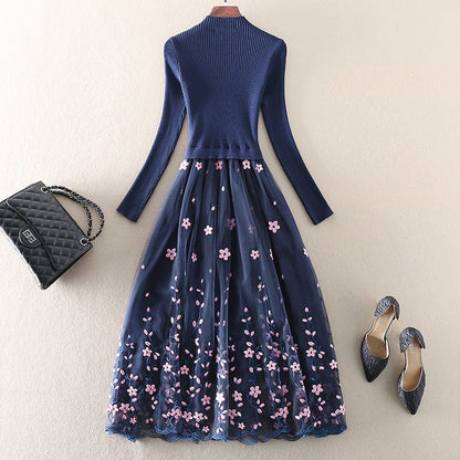 Cap Point Okeleye Fashion Embroidery Mesh Patchwork Knitted Sweater Dress
