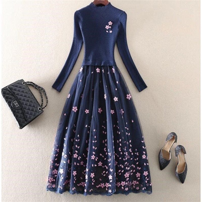 Cap Point Okeleye Fashion Embroidery Mesh Patchwork Knitted Sweater Dress