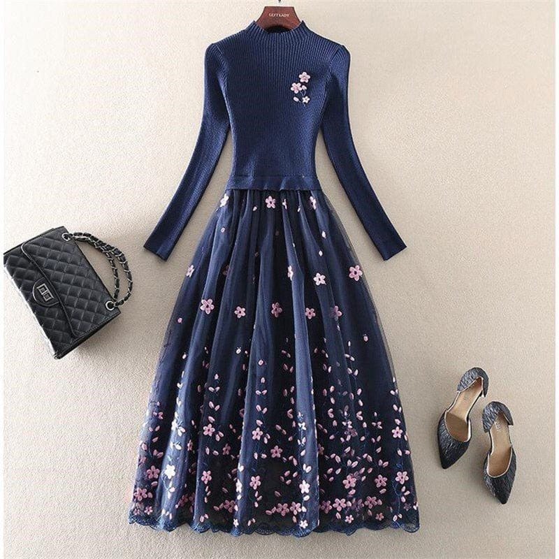 Cap Point Okeleye Fashion Embroidery Mesh Patchwork Knitted Sweater Dress