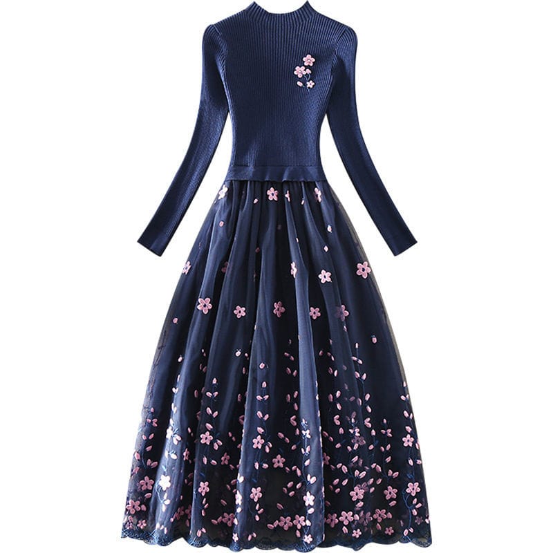 Cap Point Okeleye Fashion Embroidery Mesh Patchwork Knitted Sweater Dress