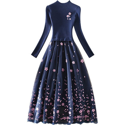 Cap Point Okeleye Fashion Embroidery Mesh Patchwork Knitted Sweater Dress