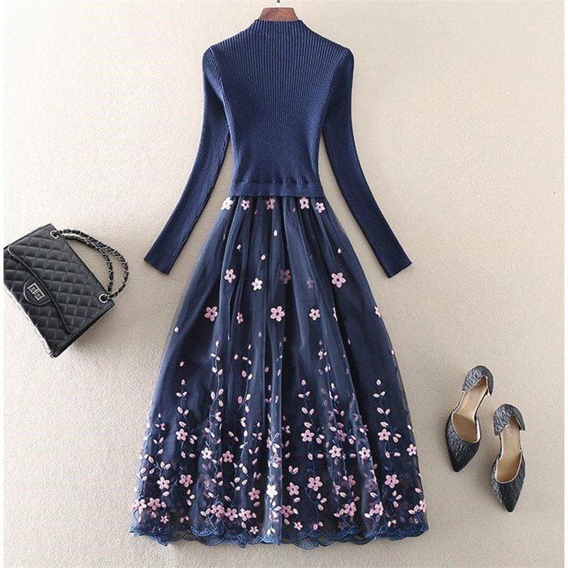 Cap Point Okeleye Fashion Embroidery Mesh Patchwork Knitted Sweater Dress
