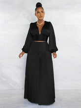 Load image into Gallery viewer, Cap Point Okeleye Two Piece Long Sleeve V Neck Crop Top Wide Leg Trousers Set
