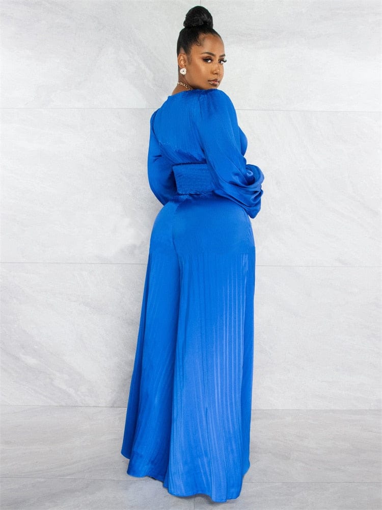 Cap Point Okeleye Two Piece Long Sleeve V Neck Crop Top Wide Leg Trousers Set