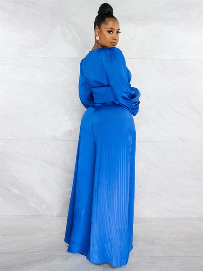 Cap Point Okeleye Two Piece Long Sleeve V Neck Crop Top Wide Leg Trousers Set
