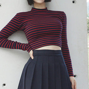 Cap Point One size / Red black Chic Turtleneck Long Sleeved Short Bustier Crop Top