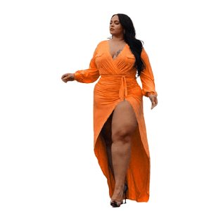 Cap Point Orange / L Plus Size Solid Bandage Slit Stretch Neckline Sexy Evening Dress