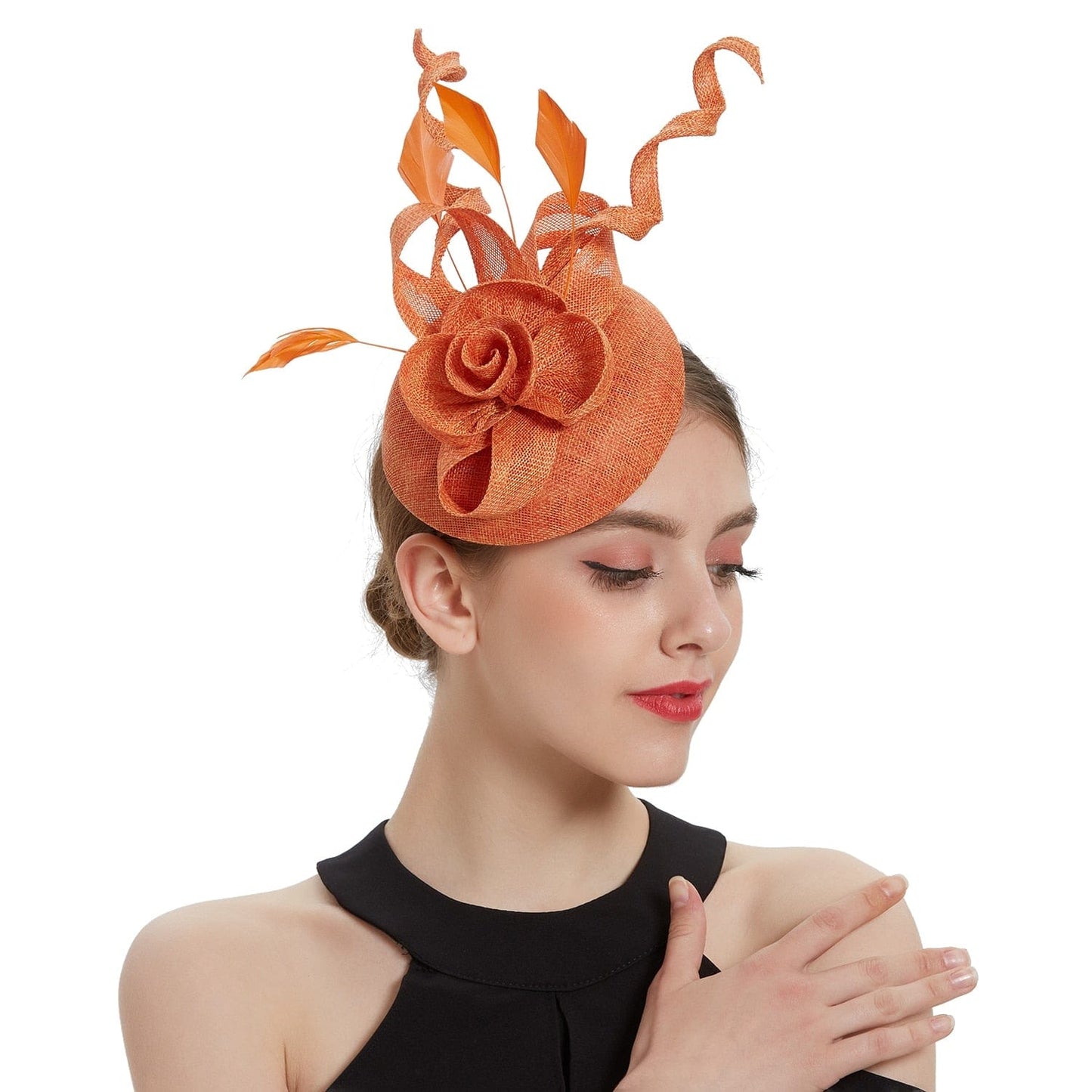 Cap Point orange Mirva Hat Cocktail Tea Party Kentucky Derby Feather Fascinators