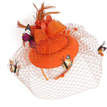 Load image into Gallery viewer, Cap Point Orange Mirva Kentucky Derby Flower Batterfly Veil Tea Party Wedding Party Hat Fascinators
