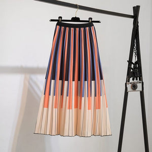 Cap Point Orange / One Size Fashion Pleated Elastic High Waist Mid-Calf Skirt