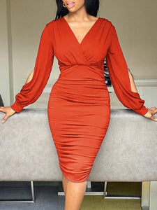 Cap Point Orange red / S Sexy V-Neck Ruched Long Sleeve Backless Slit Dress