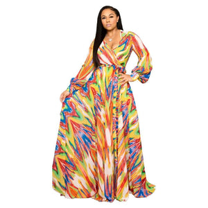 Cap Point Orange / S Benita Summer V-Neck Print Sashes Long Maxi Dress