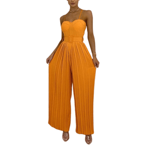 Cap Point Orange / S Elegant Spaghetti Strap Solid Color Slim Fitting Belted Wide Leg  Jumpsuit