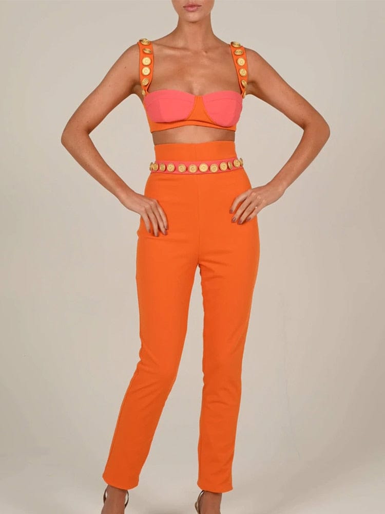 Cap Point Orange / S Emilie Matching Set Spaghetti Strap Buttons Crop Top And High Waist Trousers