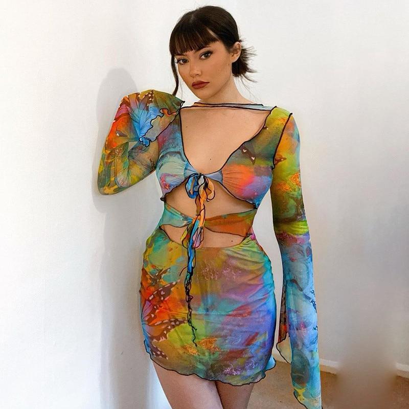 Cap Point Orange / S Ezen Butterfly Tie Dyeing Print Sexy Dress
