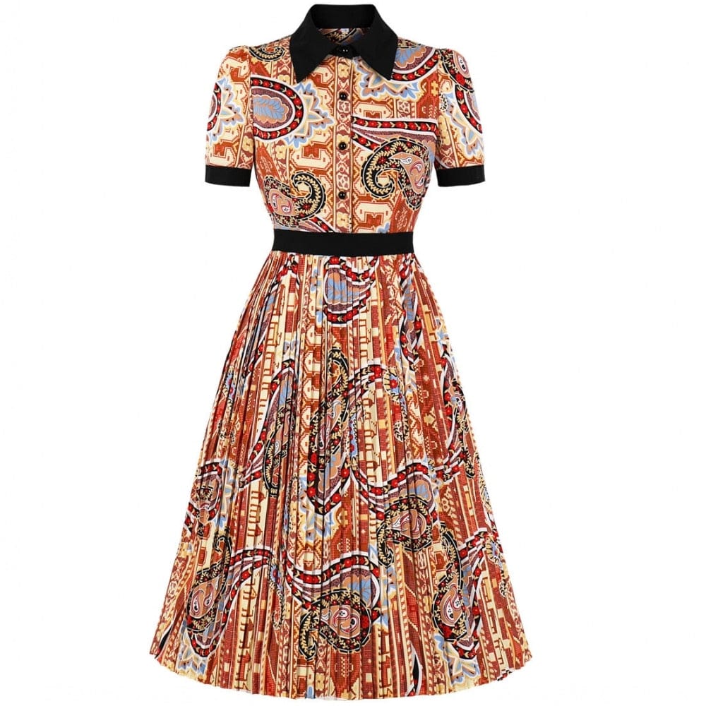 Cap Point Orange / S Mary Short Sleeve Elegant Pleated Midi Dress