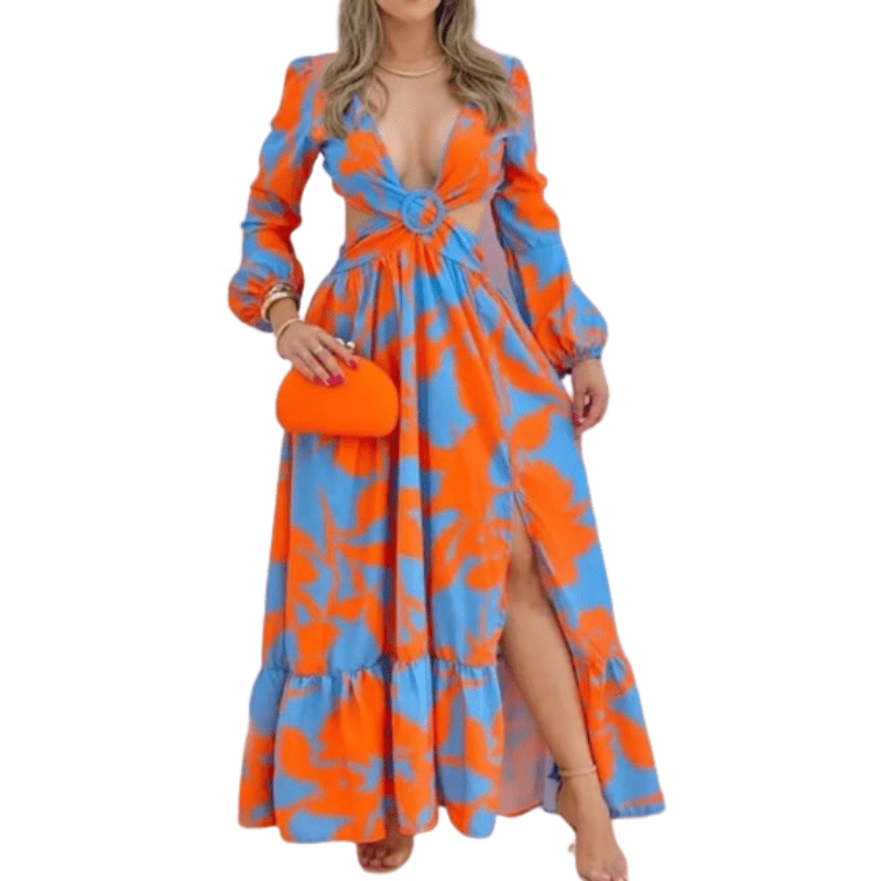 Cap Point Orange / S Mileine Long Sleeved Cutout V-Neck Twist Floral Maxi Dress