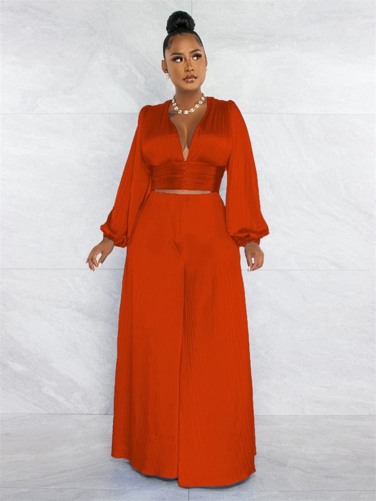 Cap Point Orange / S Okeleye Two Piece Long Sleeve V Neck Crop Top Wide Leg Trousers Set