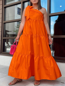 Cap Point Orange / S Oleya One Shoulder Pleated Party Maxi Dress