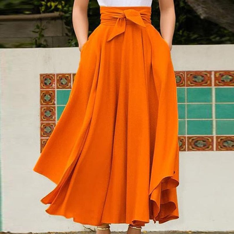 Cap Point Orange / S Serena Solid A Line High Waist Bow Belt Flared Pleated Maxi Dress