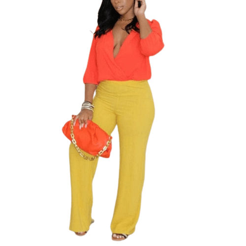 Cap Point Orange / S Sonia Two Piece Long Sleeve V Neck Shirt Solid Slim Pants Set