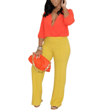 Load image into Gallery viewer, Cap Point Orange / S Sonia Two Piece Long Sleeve V Neck Shirt Solid Slim Pants Set
