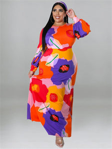 Cap Point Orange / XL Doris Plus Size Loose Long Sleeve Flower Print Big Hem Elegant Maxi Dress