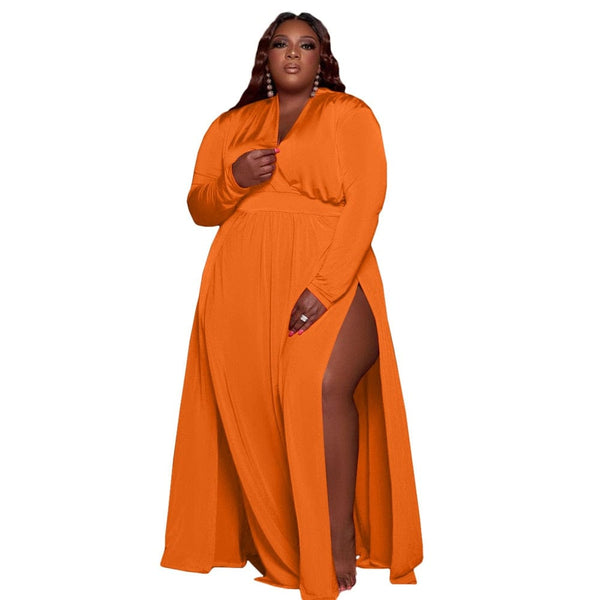 Cap Point Orange / XL Perline Plus Size Solid V Neck  Slip Side Hem Party Fall Maxi Dress