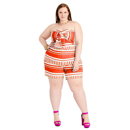 Cap Point Orange / XL Plus Size Off Shoulder Stretch Striped Summer Romper