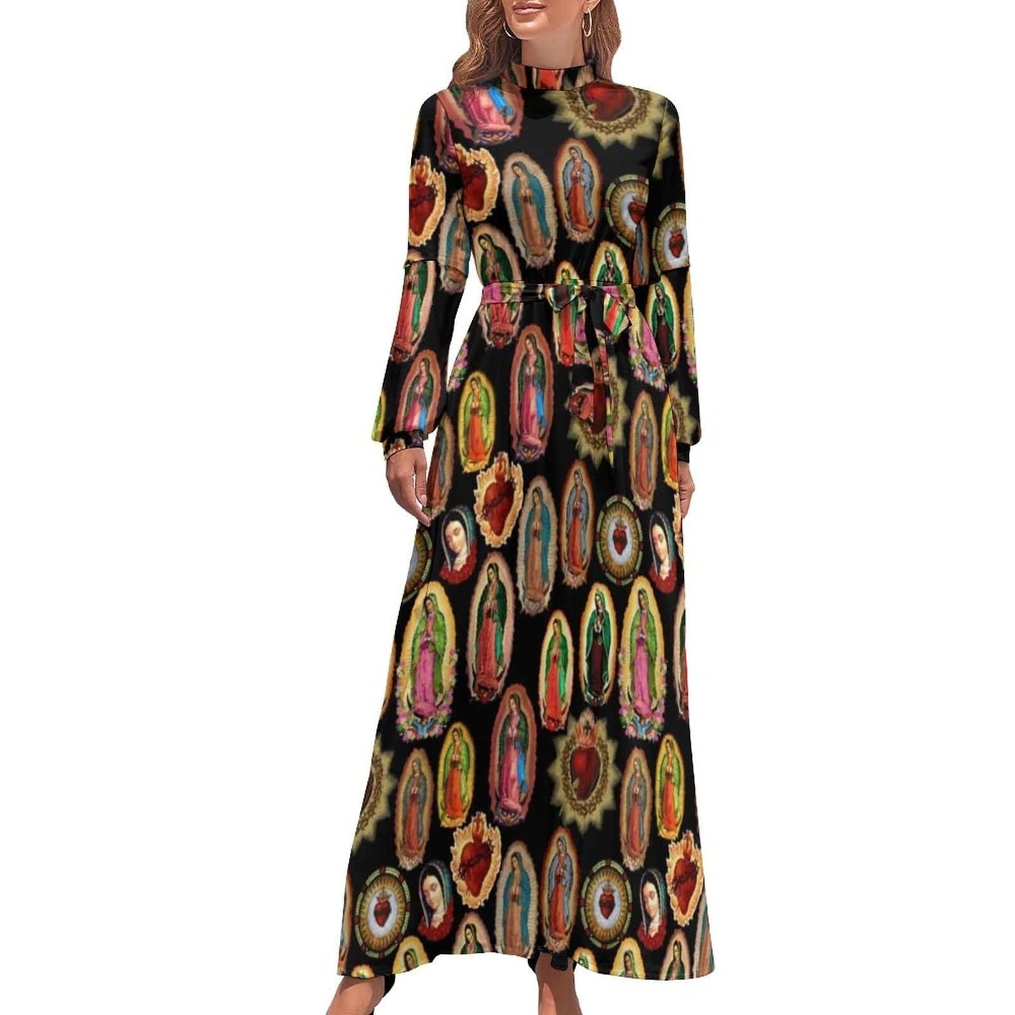Cap Point orange / XS Mary High Neck Long-Sleeve Boho Style Maxi Dress