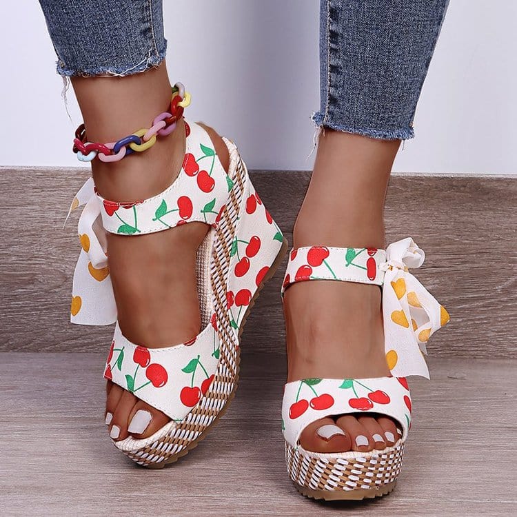 Cap Point Pale pink / 5 Hilda Dot Bowknot Design Platform Wedge Ankle Strap Open Toe Sandals