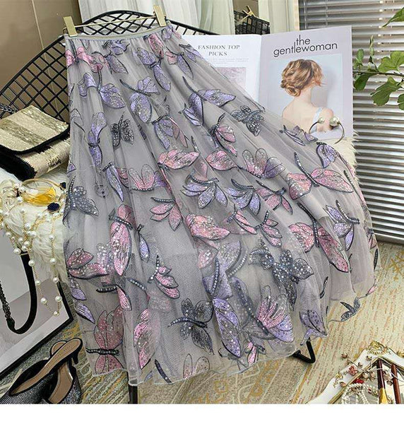 Cap Point Perline Flowers Embroidery Tulle High Waist Midi Pleated Maxi Skirt