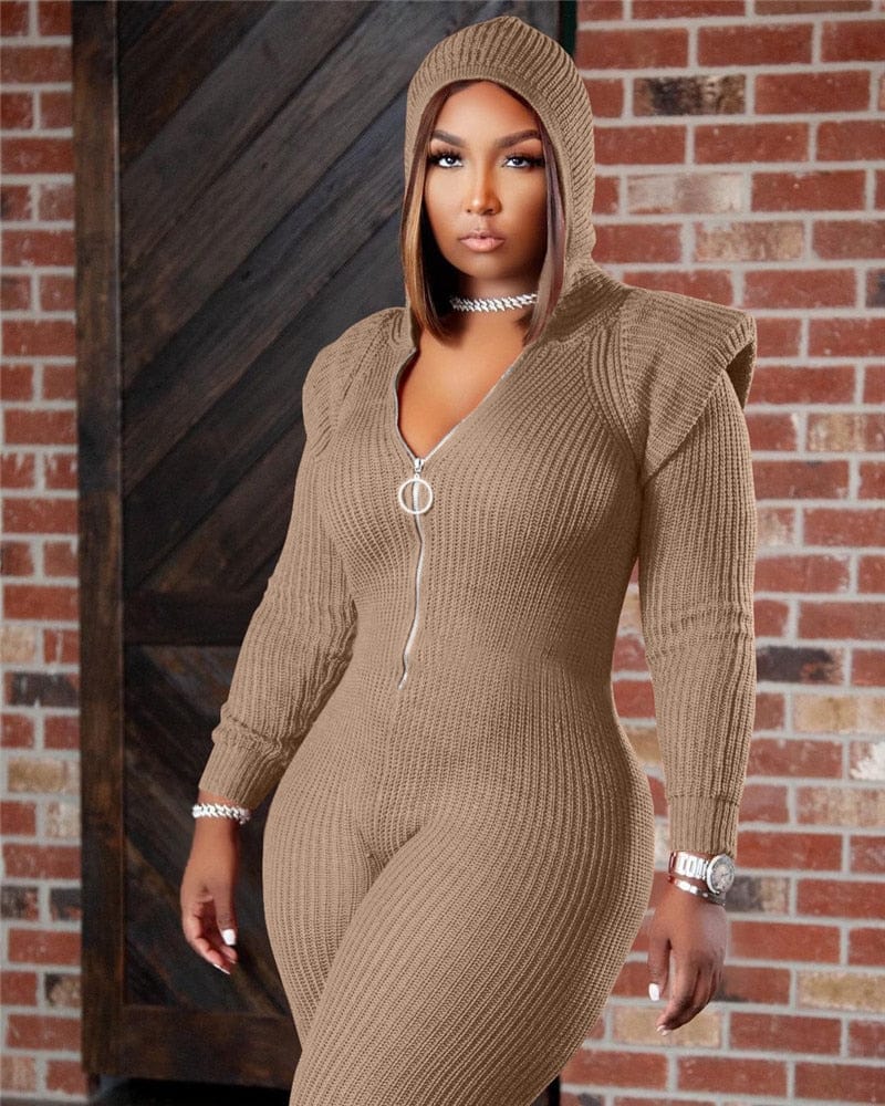Cap Point Perline Knitted Plus Size One Piece Outfit Hoodies Zip Up Bodycon Bodysuit