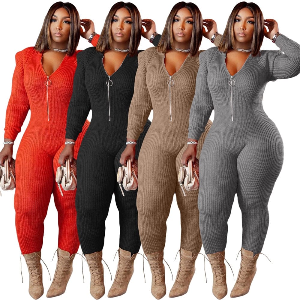 Cap Point Perline Knitted Plus Size One Piece Outfit Hoodies Zip Up Bodycon Bodysuit