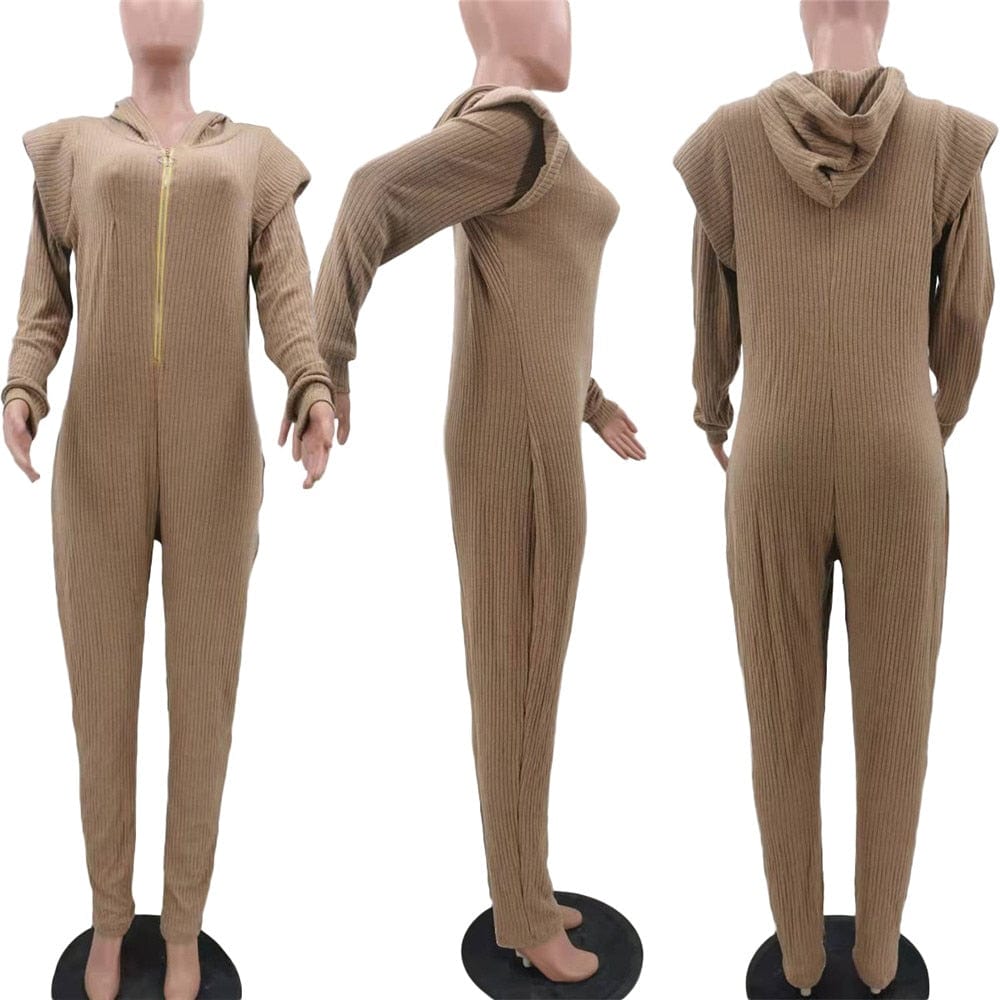 Cap Point Perline Knitted Plus Size One Piece Outfit Hoodies Zip Up Bodycon Bodysuit