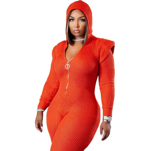 Cap Point Perline Knitted Plus Size One Piece Outfit Hoodies Zip Up Bodycon Bodysuit