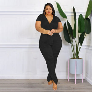 Cap Point Perline Plus Size Two Piece Bandage Top Stacked Leggings Matching Set