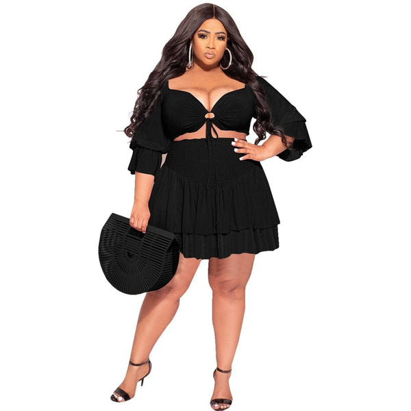 Cap Point Perline Plus Size Two Piece Crop Top and Mini Skirt Matching Set