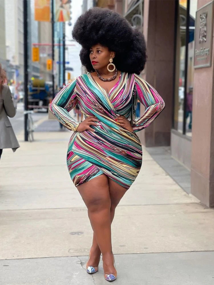 Cap Point Perline Plus Size V Neck Irregular Cross Bodycon Mini Dress