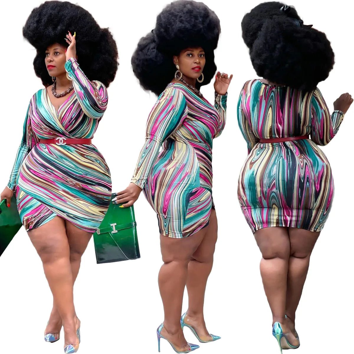 Cap Point Perline Plus Size V Neck Irregular Cross Bodycon Mini Dress