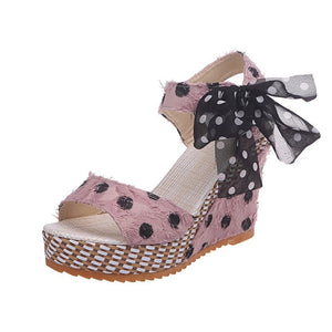 Cap Point Pink / 5 Carole Dot Bowknot Design Platform Wedge Ankle Strap Open Toe Sandals